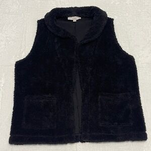 LOFT Black Faux Fur Sherpa Shawl Collar Vest‎ Women's Size Medium Pockets Cozy